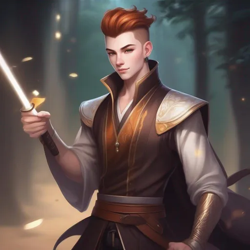 Prompt: A young male mage with very short extremely deep dark brown slicked back pompadour undercut with ginger highlights and shaved sides, very pale milky skin. He swings a magic staf, has a magic stick on the left side of his belt, soft feminine body features. Smooth skin, detailed, well drawn face. Rpg art. 2d art. 2d.