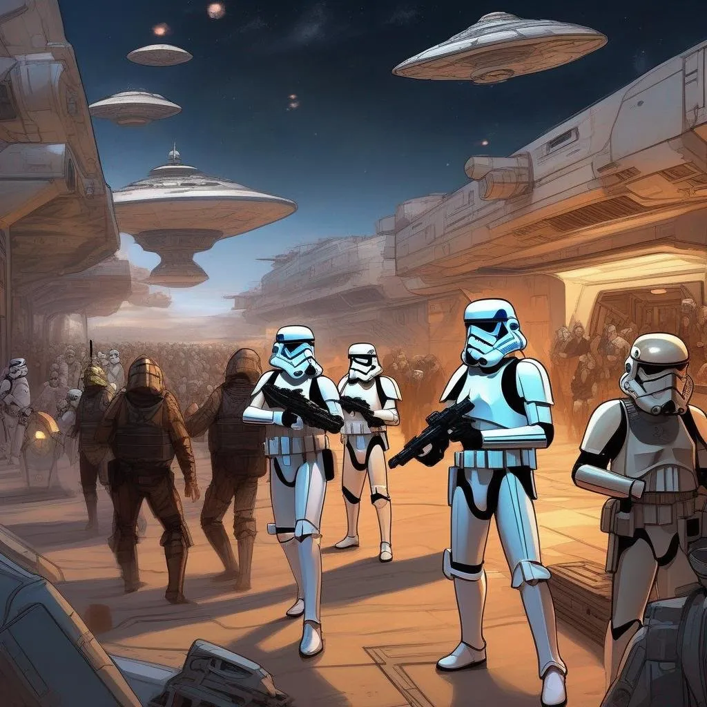 Prompt: a squad of star wars stormtroopers surround a caucasian male spaceship captain with brown hair. In background a scifi slum. Star wars art. rpg. rpg art. 2d art. 2d.