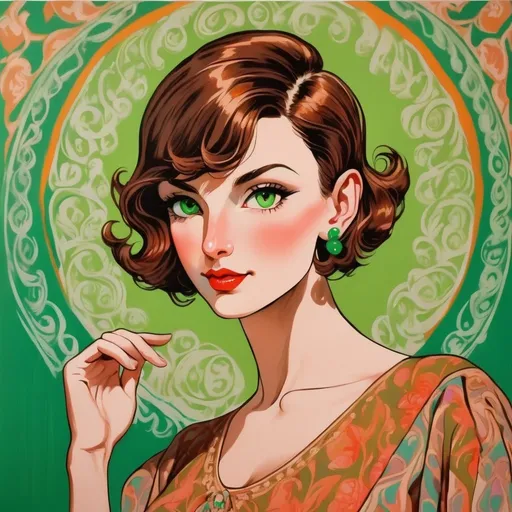 Prompt:  vaudeville imperatrice, neo-fauvist screenprint. Beautiful, extremely detailed emale with huge big long hooked aquiline arabian nose, round face, broad cheeks, green eyes, very short brown wavy pixie undercut hair, 