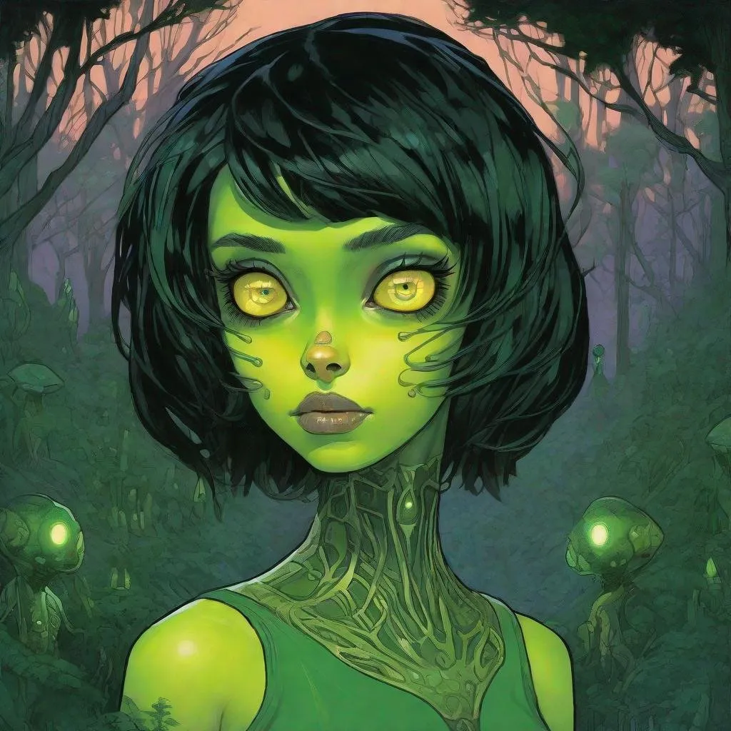 Prompt: caucasian beautiful green skinned extraterrestrial girl, black short hair, big yellow glowing eyes, huge long big hooked aquiline arabian nose, green skin, with entirely emerald skin colour, black T-shirt, standing in forest at night, fear, biomorphic, muted pastel colours scheme, by Callie Fink, SIYA OUM, GIGER, Datamoshing, Vaporware, ink wash painting, aesthetic, centered, 16k, HQ, perspective, insanely detailed & intricate, hyper realistic, cgsociety, dynamic pose