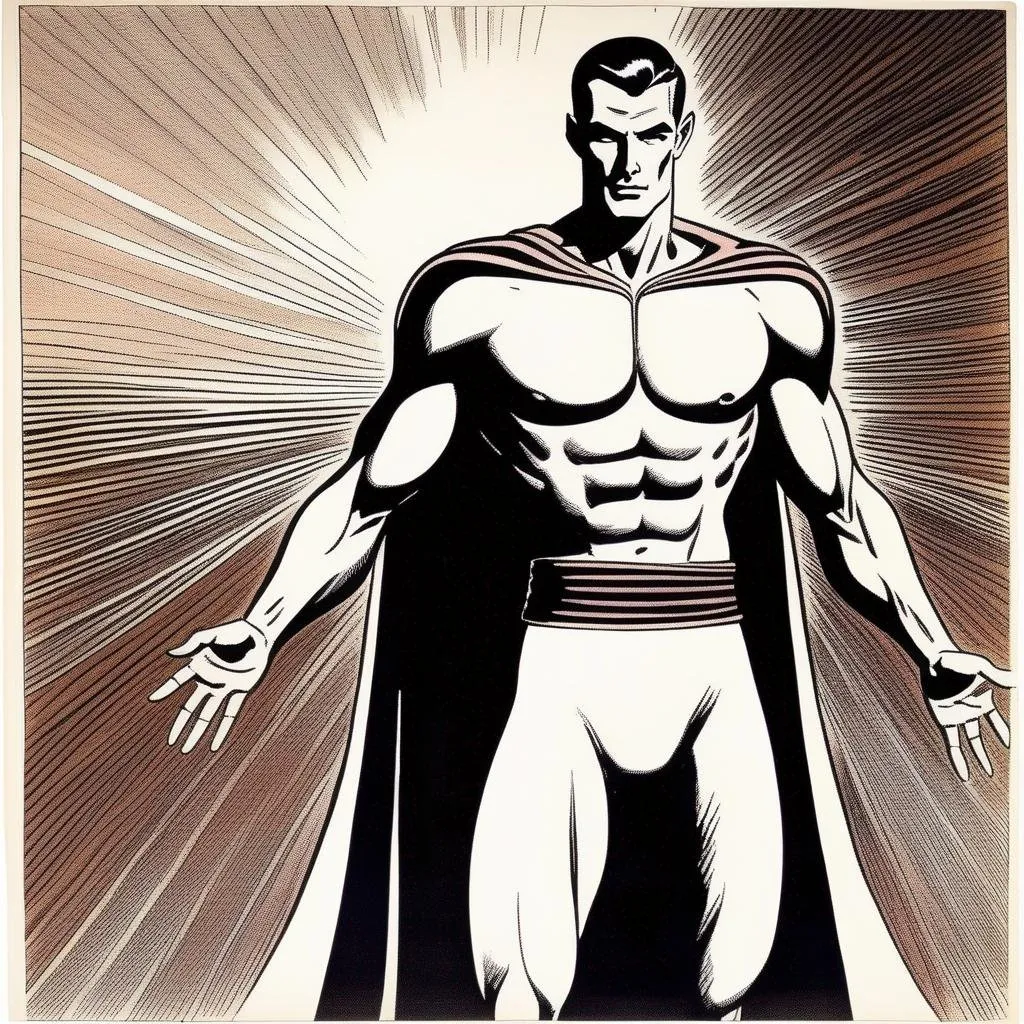 Prompt: Silk screen comic book illustration, of an adult slender muscular male mage, wearing a dark wizars robe with a cape, loincloth, shirt underneath, very short extremely deep dark brown slicked back pompadour undercut with dark ginger highlights and shaved sides, very bright and pale milky skin, Well drawn face, detailed face, 1960s Soviet retrofuturism, 