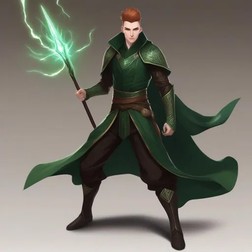 Prompt: A tall huge slender male mage in dark green armoured robes with runes, with very short extremely deep dark brown slicked back pompadour undercut with dark ginger highlights and shaved sides, very pale milky skin. He fights with a magic staff and makes magical lightning bolt beams, potions on his belt, soft feminine body features. Smooth skin, detailed, well drawn face. Rpg art. 2d art. 2d.