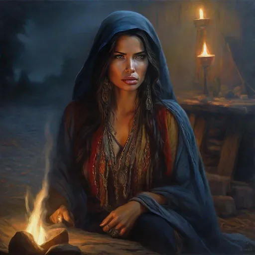 Prompt: fantasy art, oil painting, adriana lima fused together with sarah shahi, as a chanting gypsy woman, in a dark gypsy camp near camp fire, roma attire, foggy night, dreadful dark and moody atmosphere, frightened and concerned expression, close up, cinematic, dramatic, highres, detailed, D&D, DnD, Pathfinder, Ravenloft, Vistani, fantasy, by Clyde Caldwell,