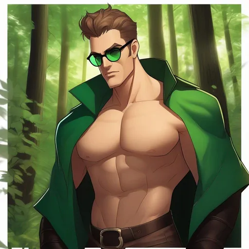 Prompt: highest quality anime art masterpiece, digital drawing, tall muscular bulky caucasian male sorcerer, wearing mage mantle, suideburns, very short brown slicked back pompadour undercut hair with shaved sides:vistani, wearing round glasses, green shades with emerald lenses, green sunglasses, dark female makeup, melancholic, in a forest on a dark foggy night, big sad slant brown eyes, pale milky skin:2, waxing moon, round shaven face, broad cheeks, ethereal, trimmed face, highres, realistic, highly detailed, fantasy, european, irish, D&D, Ravenloft, by Ilya Kuvshinov