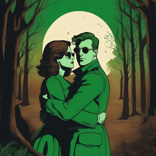 Prompt: A silkscreen comic illustration of a caucasian male sorcerer wearing  green round sunglasses and mantle, has with freckles and bald head:vistani, melancholic, in a forest on a dark foggy night, hugging a woman with short brown wavy pixie hair, bid sad slant brown eyes, pale milky skin:2, waxing moon, round shaven face, broad cheeks, 1960s Soviet Retrofuturism,