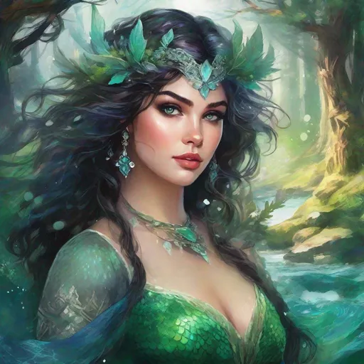 Prompt: fantasy book cover, a plump curvy black haired mermaid princess with brown highlights in her very short messy wavy bob hair, mermaid fae, tall and willowy and pretty, soft freckles, big large green eyes, pointed ears, intricate blue and green gown, pointy ears, iron palace gray metal, landscape beautiful pine forest, fishlail, Carne Griffiths, Michael Garmash, Frank Frazetta, Castle Background, Victo Ngai, Detailed, Vibrant, Sharp Focus, Character Design, Wlop, Kuvshinov, Character Design, TXAA, 32k, Highly Detailed, Dynamic Pose, Intricate Motifs, Organic Tracery, Perfect Composition, Digital Painting, Artstation, Smooth, Sharp Focus, Illustration, hyperdetailed, greg rutkowski