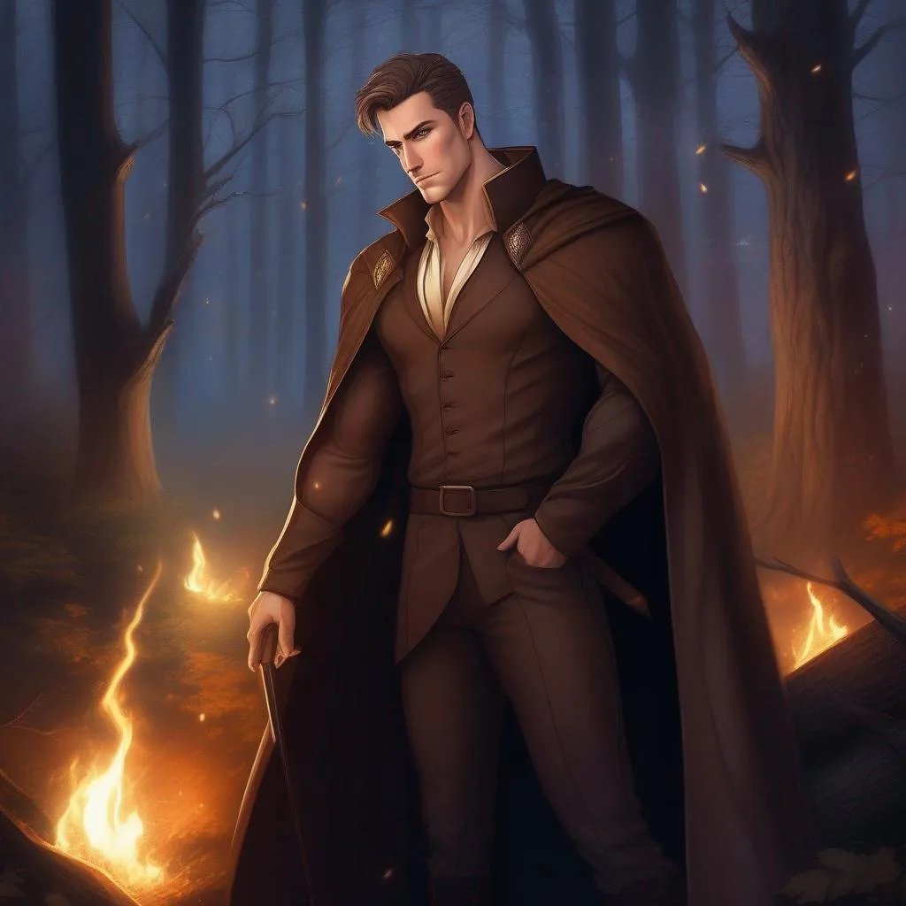 Prompt: full body image, highest quality anime art masterpiece, digital drawing, tall muscular bulky caucasian male sorcerer casting magic, wearing mantle, with whiskers, very short brown slicked back pompadour undercut hair with shaved sides:vistani, melancholic, in a forest on a dark foggy night, big sad slant brown eyes, pale milky skin:2, waxing moon, round shaven face, broad cheeks, ethereal, trimmed face, highres, realistic, highly detailed, fantasy, european, irish, D&D, Ravenloft, by Ilya Kuvshinov