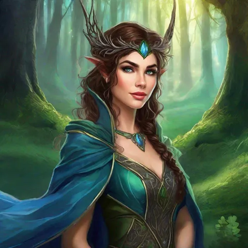 Prompt: fantasy book cover, a dark chesnut haired elven princess with brown highlights in her very extremely er long short messy curly pixie hair, elf fae, tall and willowy and pretty, soft freckles, big large green eyes, pointed ears, intricate blue and green gown, pointy elvish ears, iron palace gray metal, landscape beautiful pine forest, Art by Gil Elvgren, Castle Background, Detailed, Vibrant, Sharp Focus, Character Design, 32k, Highly Detailed, Dynamic Pose, Intricate Motifs, Organic Tracery, Perfect Composition, Digital Painting, Smooth, Sharp Focus, Illustration, hyperdetailed,