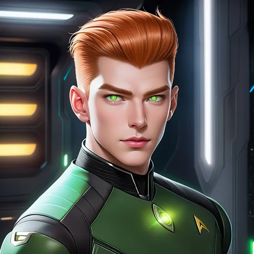 Prompt: An adult tall muscular masculine male man cyborg starship officer of a star trek species, human bipedal halfbreed android. He has shot ginger hair and a pale skin. extremely deep dark brown very short slicked back mohawk undercut with shaved sides andchstnut highlights, armoured, He wears a united federation uniform and has green glowing lizard eyes. robotic droid with implants and prosthetics, Detailed, well drawn face, Smooth skin, caucasian. rpg art. Star trek art. 2d art. 2d