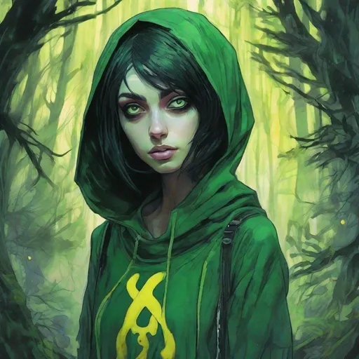 Prompt: a beautiful green skinned girl, black short hair, big yellow eyes, huge long big hooked aquiline arabian nose, green skin, with emerald skin colour, black T-shirt , standing in a forest at night, fear , biomorphic , muted pastel colors palette, by  Callie Fink, SIYA OUM, GIGER, Datamoshing , Vaporware, ink wash painting, aesthetic , centered, 16k, HQ, perspective ,insanely detailed and intricate, hyper realistic, cgsociet, dynamic pose