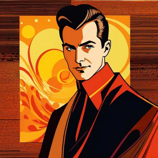 Prompt: Silk screen comic book illustration, male magician wearing a mage robe, extremely short brown hair, 1960s Soviet retrofuturism, modern age raypunk aesthetics