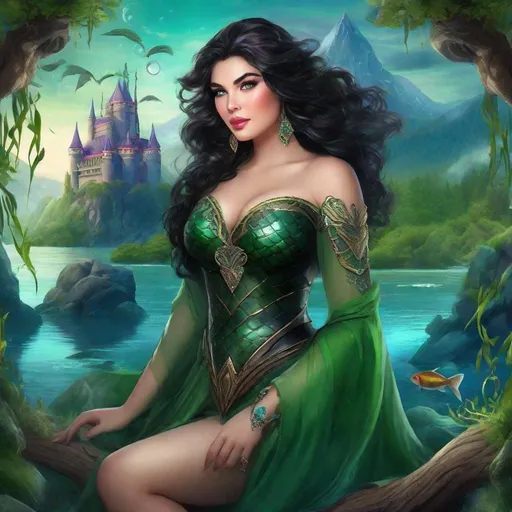 Prompt: fantasy book cover, a plump curvy thick buxom black haired mermaid princess with brown highlights in her very short messy wavy bob hair, mermaid fae, tall and willowy and pretty, soft freckles, big large green eyes, pointed ears, intricate blue and green gown, pointy ears, iron palace gray metal, landscape beautiful pine forest, fishlail, Carne Griffiths, Michael Garmash, Frank Frazetta, Castle Background, Victo Ngai, Detailed, Vibrant, Sharp Focus, Character Design, Wlop, Kuvshinov, Character Design, TXAA, 32k, Highly Detailed, Dynamic Pose, Intricate Motifs, Organic Tracery, Perfect Composition, Digital Painting, Artstation, Smooth, Sharp Focus, Illustration, hyperdetailed, greg rutkowski