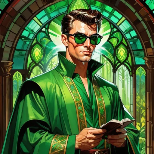 Prompt: retro futuristic soviet silk screen pulp fiction fantasy comic book cover, a dark chesnut haired male sorcerer very short slicked back pompadour undercut hair, mage, tall and willowy and pretty, soft freckles, big large green eyes, wizard, intricate emerald and green robe, wearing round retro shades with green lenses, old fashioned emerald sunglasses, iron palace gray metal, landscape beautiful pine forest, Carne Griffiths, Michael Garmash, Frank Frazetta, Castle Background, Victo Ngai, Detailed, Vibrant, Sharp Focus, Character Design, Wlop, Kuvshinov, TXAA, 32k, Highly Detailed, Dynamic Pose, Intricate Motifs, Organic Tracery, Perfect Composition, Digital Painting, Artstation, Smooth, Sharp Focus, Illustration, hyperdetailed, greg rutkowski