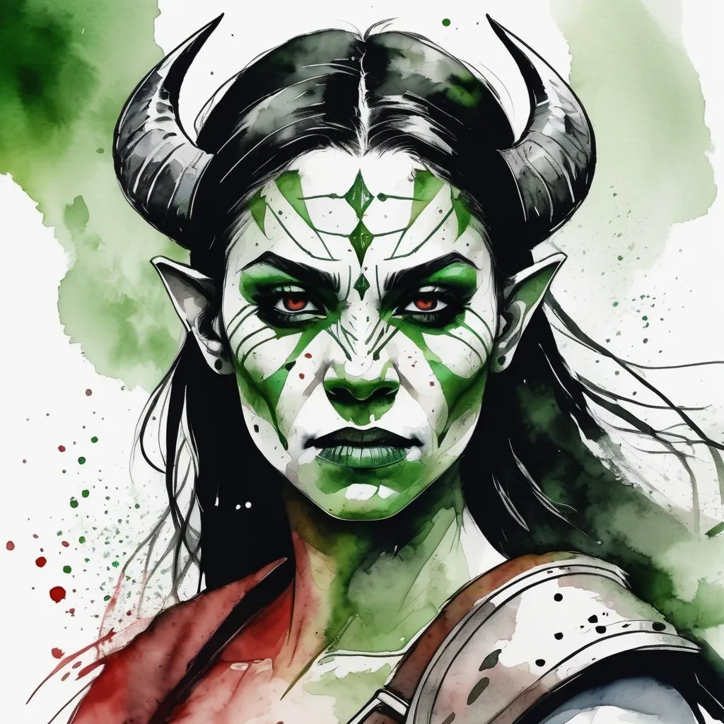 Prompt: Ultra realistic photo portrait of a young beautiful attractive female orc warrior queen in watercolor style, minimalist, elegant, white background, black lines, green shades, red tones, thick bold Rotring lines, capturing strength and fantasy, powerful and artistic portrayal, focusing entirely on the character, no additional elements, watercolor illustration.