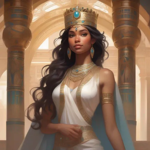 Prompt: Dynamic pose. Whole body. Full figure. A young queen. Cute. Well drawn face. detailed. She wears a double tiara. In background a Lively room in an Ancient egyptian palace. artgerm greg rutkowski mucha