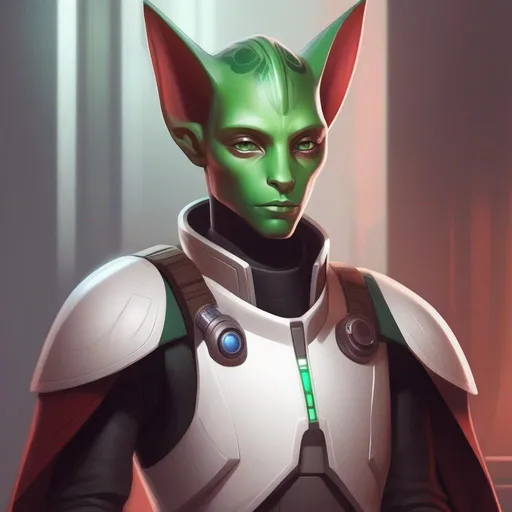 Prompt:  A young cathar alien of a star wars cathor. Vaguely humanoid. He has dark red fur and milky skin. He wears a scifi suit and has green eyes. Detailed, well draw face, Smooth skin. rpg art. Star wars art. 2d art. 2d