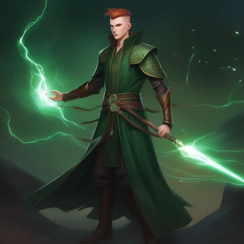 Prompt: A tall huge slender male mage in dark green armoured robes with runes, with very short extremely deep dark brown slicked back pompadour undercut with dark ginger highlights and shaved sides, very pale milky skin. He fights with a magic staff and makes magical lightning bolt beams, potions on his belt, soft feminine body features. Smooth skin, detailed, well drawn face. Rpg art. 2d art. 2d.