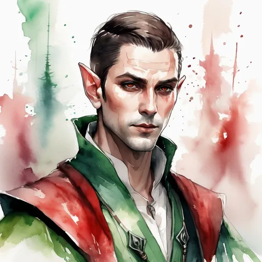 Prompt: Ultra realistic photo portrait of a handsome adult elf mage in watercolor style, short brown slicked back hair undercut, minimalist, elegant, white background, black lines, green shades, red tones, thick bold Rotring lines, capturing strength and fantasy, powerful and artistic portrayal, focusing entirely on the character, no additional elements, watercolor illustration.