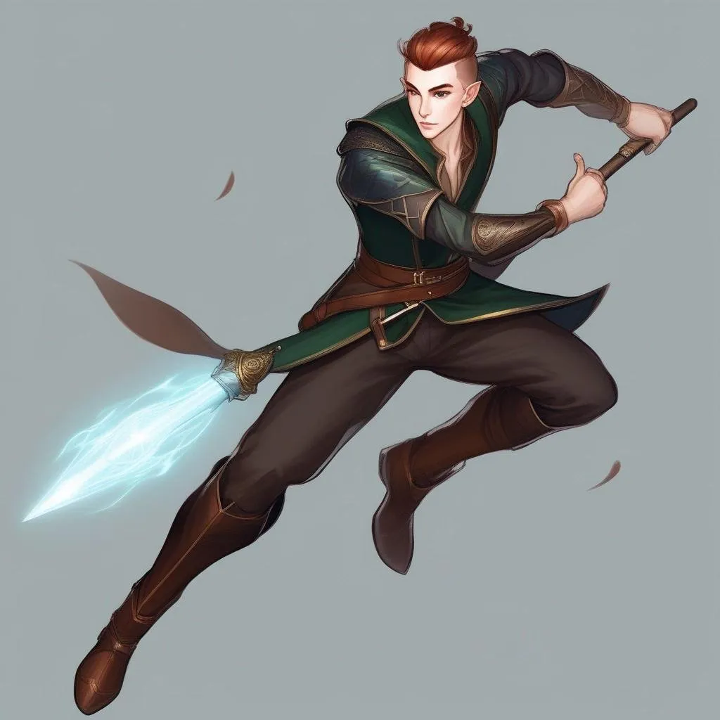 Prompt: A young elf mage with very short 
 extremely deep dark brown slicked back pompadour undercut with ginger highlights and shaved sides, very pale milky skin. He swings a magic staf, has a magic stick on the left side of his belt, soft feminine body features. Smooth skin, detailed, well drawn face. Rpg art. 2d art. 2d.
