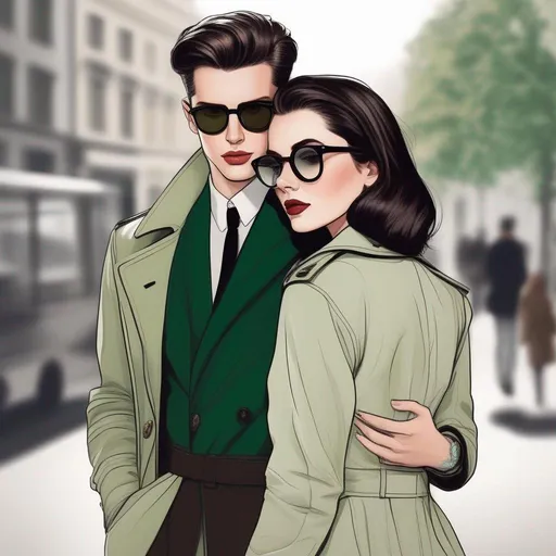 Prompt: full body shot shot of a young {man} with moderate length deep dark brown short slicked back pompadour hair with shaved sides and pale skin, wearing a dark brown trench jacket and white collared shirt with a plack tie, black pants and black boots, round glasses, green shades with emerald lenses, handsome; he is hugging a petite woman with messy very short chestnut pixie undercut with trimmed sides and tannedskin. rpg art. Star trek art. 2d art. 2d