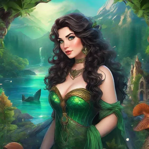 Prompt: fantasy book cover, a plump curvy thick buxom black haired mermaid princess with brown highlights in her very short messy wavy bob hair, mermaid fae, tall and willowy and pretty, soft freckles, big large green eyes, pointed ears, intricate blue and green gown, pointy ears, iron palace gray metal, landscape beautiful pine forest, fishlail, Carne Griffiths, Michael Garmash, Frank Frazetta, Castle Background, Victo Ngai, Detailed, Vibrant, Sharp Focus, Character Design, Wlop, Kuvshinov, Character Design, TXAA, 32k, Highly Detailed, Dynamic Pose, Intricate Motifs, Organic Tracery, Perfect Composition, Digital Painting, Artstation, Smooth, Sharp Focus, Illustration, hyperdetailed, greg rutkowski