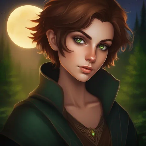 Prompt: highest quality anime art masterpiece, digital drawing, tiny skinny caucasian female sorceress, wearing mage mantle, , very short brown pixie undercut hair with shaved sides:vistani, dark female makeup, melancholic, in a forest on a dark foggy night, big sad slant greeneyes, tanned skin:2, waxing moon, round shaven face, broad cheeks, ethereal, trimmed face, highres, realistic, highly detailed, fantasy, european, irish, D&D, Ravenloft, by Ilya Kuvshinov