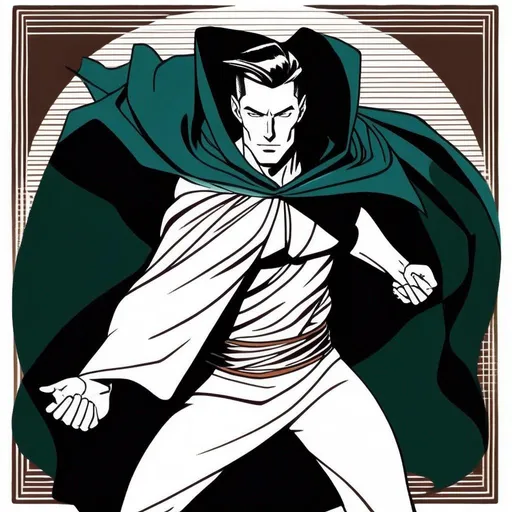 Prompt: Silk screen comic book illustration, a dynamic waist up drawing of an athletic, adult slender muscular male mage in movement, wearing a dark green wizars robe with a cape, loincloth, white shirt underneath, very short extremely deep dark brown slicked back pompadour undercut with dark ginger highlights and shaved sides, very bright and pale milky skin.  Well drawn face, detailed face,  1960s Soviet retrofuturism, 