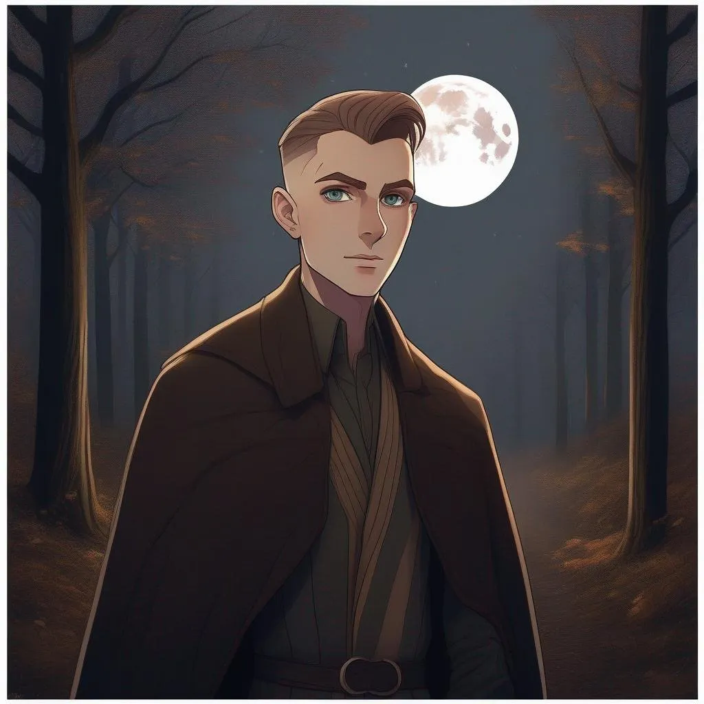 Prompt: highest quality anime art masterpiece, digital drawing, slender slim skinny androgynous caucasian bald male sorcerer wearing mantle, with freckles very short brown slicked back pompadour undercut hair with shaved sides:vistani, melancholic, in a forest on a dark foggy night, big sad slant brown eyes, pale milky skin:2, waxing moon, round shaven face, broad cheeks, ethereal, trimmed face, highres, realistic, highly detailed, fantasy, european, irish, D&D, Ravenloft, by Ilya Kuvshinov