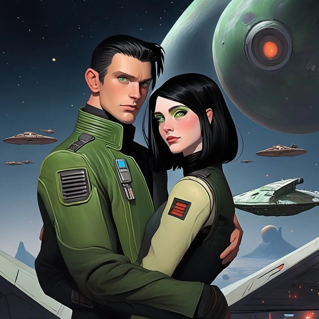 Prompt: A green skinned scifi green female with green skin, she has short black bob hair, well drawn green face, uniform, her skin is green, she has green skin. hugging with a Handsome caucasian male scifi pilot with very short slicked back (brown) pompadour undercut hair, fully dark entirely jet black leather jacket. green eyes, his skin is normal pale. detailed. star wars art. 2d art. 2d