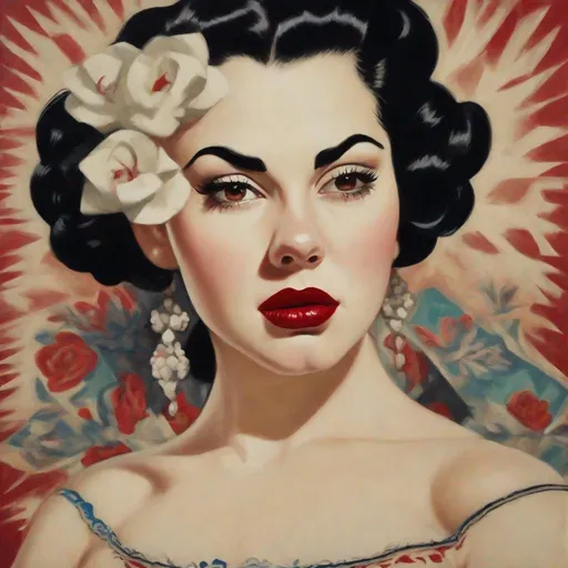 Prompt: pin -up portrait of a buxom mexican woman with pale skin, black hair and red lips, 