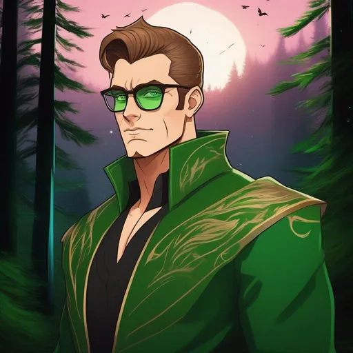 Prompt: highest quality anime art masterpiece, digital drawing, tall muscular bulky caucasian male sorcerer, wearing mage mantle, suideburns, very short brown slicked back pompadour undercut hair with shaved sides:vistani, wearing round glasses, green shades with emerald lenses, dark female makeup, melancholic, in a forest on a dark foggy night, big sad slant brown eyes, pale milky skin:2, waxing moon, round shaven face, broad cheeks, ethereal, trimmed face, highres, realistic, highly detailed, fantasy, european, irish, D&D, Ravenloft, by Ilya Kuvshinov