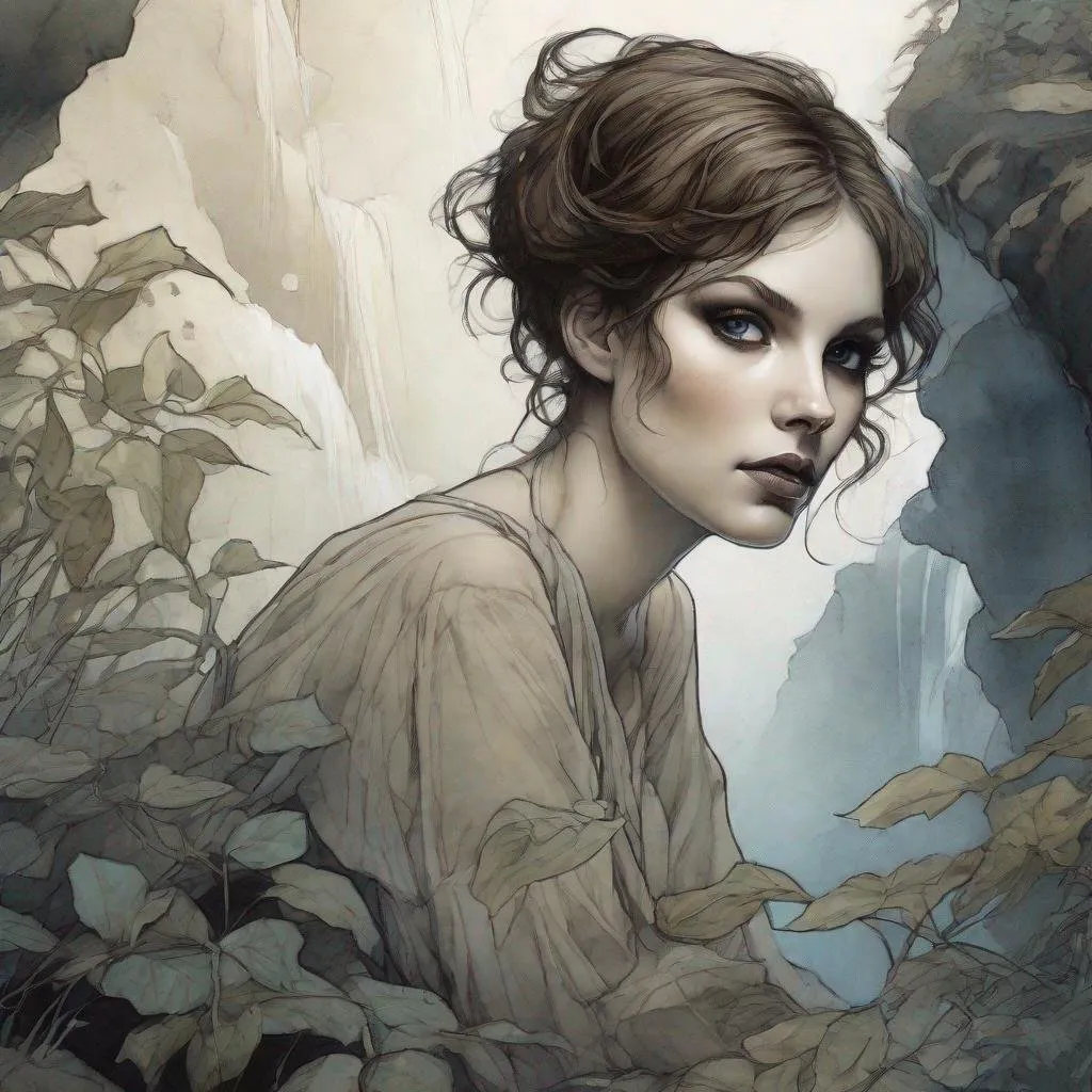 Prompt: a drawing of a beautiful woman with short brown hair, feline cat eyes, bright makeup , brown lips , sitting down among shrubs,  a waterfall in background , cold colors palette, liquid ink , by Jean Baptiste Monge, Loish Anne Bachelier, fine delicate contours lines  ,  high contrast, centered, perspective, 8k, HQ, UHD, insanely detailed, hyper realistic, trending on cgsociet