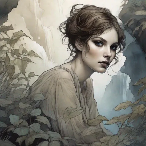 Prompt: a drawing of a beautiful woman with short brown hair, feline cat eyes, bright makeup , brown lips , sitting down among shrubs,  a waterfall in background , cold colors palette, liquid ink , by Jean Baptiste Monge, Loish Anne Bachelier, fine delicate contours lines  ,  high contrast, centered, perspective, 8k, HQ, UHD, insanely detailed, hyper realistic, trending on cgsociet