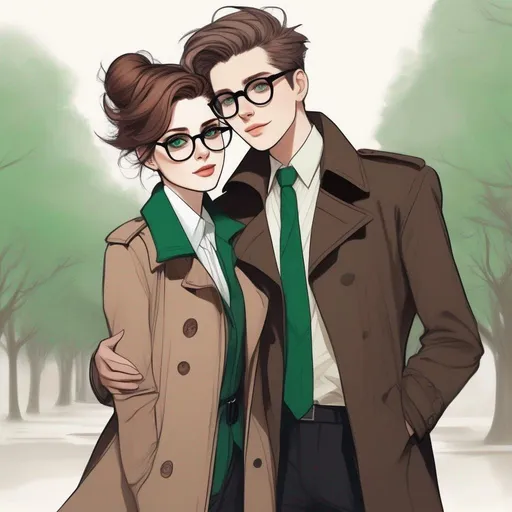 Prompt: full body shot shot of a young {man} with moderate length brown pompadour hair and pale skin, wearing a dark brown trench jacket and white collared shirt with a plack tie, black pants and black boots, round glasses, green shades with emerald lenses, handsome; he is hugging a petite woman with very short chestnut pixie undercut and tannedskin. rpg art. Star trek art. 2d art. 2d