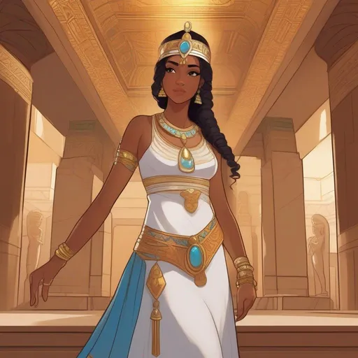 Prompt: Dynamic pose. Whole body. Full figure. A young queen. Cute. Well drawn face. detailed. She wears a double tiara. In background a Lively room in an Ancient egyptian palace. rpg art. rpg illustration. Dynamic pose. 2d art. 2d.