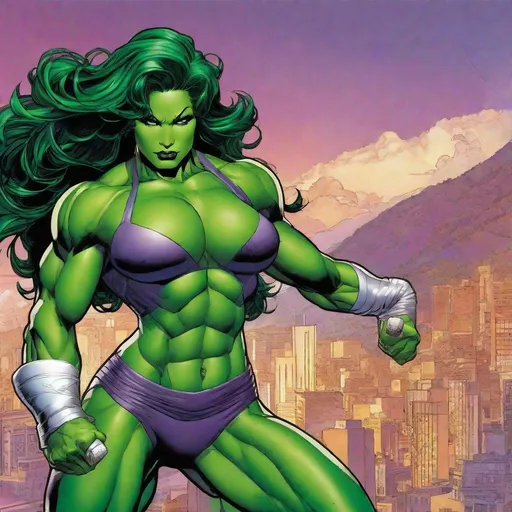 Prompt: ((In the style of Jim Lee)) A stunning and powerful depiction of She-Hulk from Marvel. She stands tall, with her emerald green skin radiating strength and resilience. Her muscular physique is emphasized, showcasing her incredible physical prowess. She wears her iconic purple costume, adorned with the She-Hulk symbol on her bare chest. wearing nothing, The backdrop is a bustling city skyline at dusk, with the buildings casting long shadows on the streets below. She-Hulk's confident smile portrays her as both fierce and approachable.