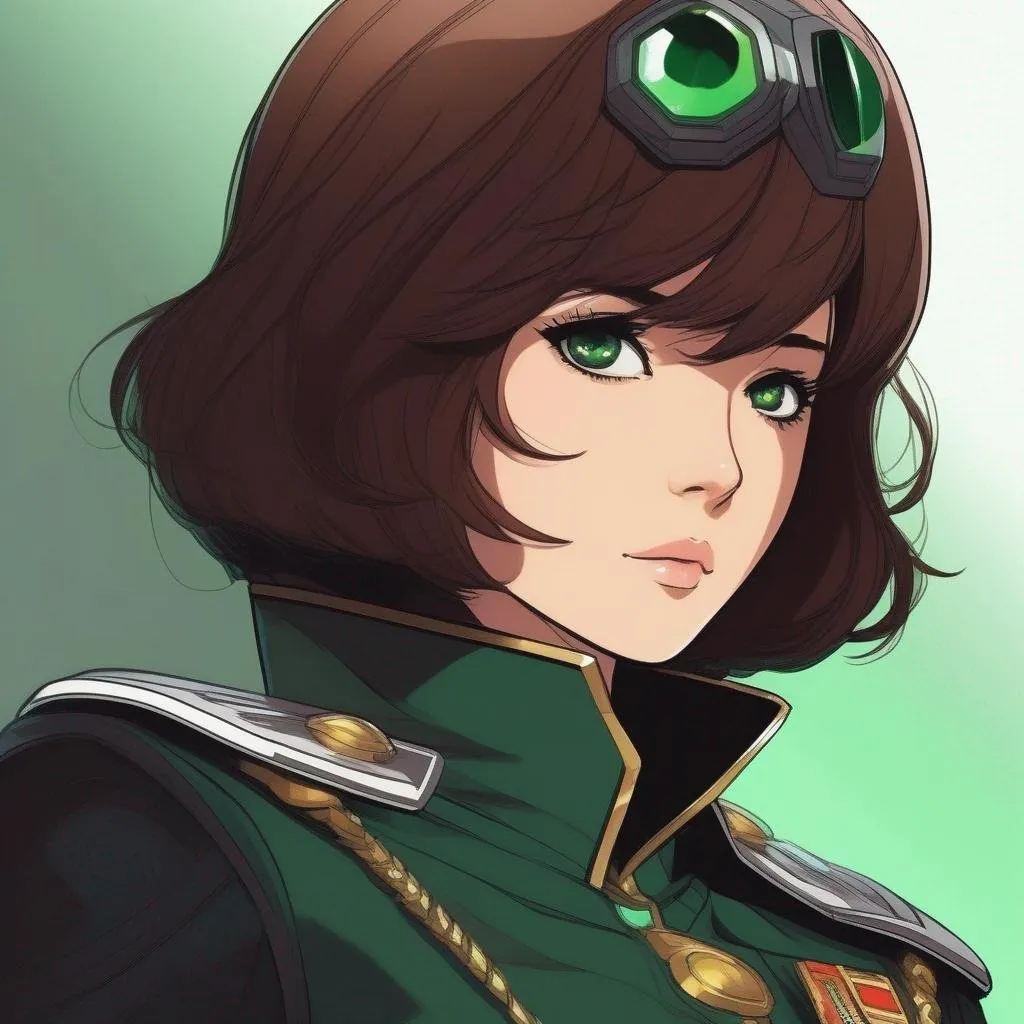 Prompt: Whole body. Full Figure, from distance. a Young noble woman in 22nd century, black scifi uniform. Cute. very short dark brown pixie haircut. emerald eyes. Akira art. Anime art. Captain Harlock art. Leiji Matsumoto art. 2d art. 2d. well draw face. detailed.