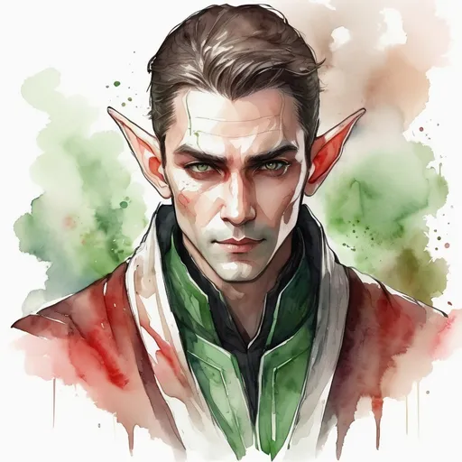 Prompt: Ultra realistic photo portrait of a handsome adult elf mage in watercolor style, short brown slicked back hair undercut, minimalist, elegant, white background, black lines, green shades, red tones, thick bold Rotring lines, capturing strength and fantasy, powerful and artistic portrayal, focusing entirely on the character, no additional elements, watercolor illustration.