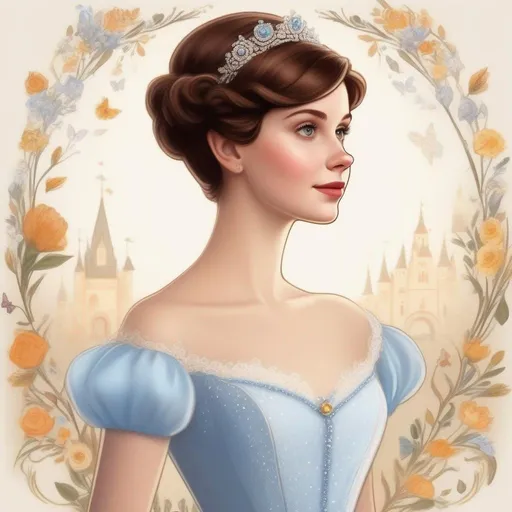 Prompt: Please create an Disney art of a short haired woman inn style of a drawing using aspects of lore of a beautiful young woman with very short brown pixie hair as Cinderella