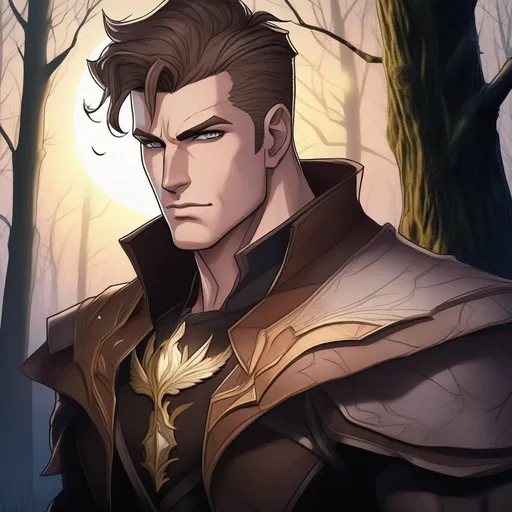 Prompt: highest quality anime art masterpiece, digital drawing, tall muscular bulky caucasian male sorcerer, wearing mantle, suideburns, very short brown slicked back pompadour undercut hair with shaved sides:vistani, melancholic, in a forest on a dark foggy night, big sad slant brown eyes, pale milky skin:2, waxing moon, round shaven face, broad cheeks, ethereal, trimmed face, highres, realistic, highly detailed, fantasy, european, irish, D&D, Ravenloft, by Ilya Kuvshinov