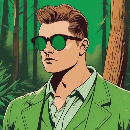 Prompt: A silkscreen illustration, tall muscular bulky caucasian male sorcerer, wearing mage mantle, suideburns, very short brown slicked back pompadour undercut hair with shaved sides:vistani, wearing (round glasses), green sunshades with round emerald lenses, green (round) sunglasses, dark female makeup, melancholic, in a forest on a dark foggy night, big sad slant brown eyes, pale milky skin:2, waxing moon, round shaven face, broad cheeks, ethereal, trimmed face, highres, realistic, highly detailed, fantasy, european, irish, 1960s Soviet Retrofuturism , art neuveau, Hannes bok,