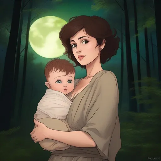 Prompt: highest quality anime art masterpiece, digital drawing, caucasian woman with very short brown thick wavy messy pixie hair:vistani, carrying a balding bald hairless newborn baby boy in her arms, sad, in a forest on a dark foggy night, big green eyes, tanned skin:2, waxing moon, huge long wide broad hooked greek aquiline algerian oriental arabic nose, flat chest, ethereal, jewelry set, highres, realistic, highly detailed, fantasy, gypsy, roma, D&D, Ravenloft, by Ilya Kuvshinov