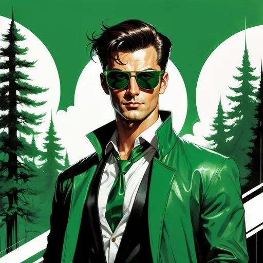 Prompt: retro futuristic soviet silk screen pulp fiction fantasy comic book cover, a dark chesnut haired male sorcerer very short slicked back pompadour undercut hair, mage, tall and willowy and pretty, soft freckles, big large green eyes, wizard, intricate emerald and green robe, wearing round retro shades with green lenses, old fashioned emerald sunglasses, iron palace gray metal, landscape beautiful pine forest, Carne Griffiths, Michael Garmash, Frank Frazetta, Castle Background, Victo Ngai, Detailed, Vibrant, Sharp Focus, Character Design, Wlop, Kuvshinov, TXAA, 32k, Highly Detailed, Dynamic Pose, Intricate Motifs, Organic Tracery, Perfect Composition, Digital Painting, Artstation, Smooth, Sharp Focus, Illustration, hyperdetailed, greg rutkowski