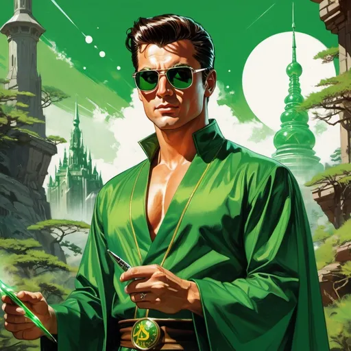 Prompt: retro futuristic soviet silk screen pulp fiction fantasy comic book cover, a dark chesnut haired male sorcerer very short slicked back pompadour undercut hair, mage, tall and willowy and pretty, soft freckles, big large green eyes, wizard, intricate emerald and green robe, wearing round retro shades with green lenses, old fashioned emerald sunglasses, iron palace gray metal, landscape beautiful pine forest, Carne Griffiths, Michael Garmash, Frank Frazetta, Castle Background, Victo Ngai, Detailed, Vibrant, Sharp Focus, Character Design, Wlop, Kuvshinov, TXAA, 32k, Highly Detailed, Dynamic Pose, Intricate Motifs, Organic Tracery, Perfect Composition, Digital Painting, Artstation, Smooth, Sharp Focus, Illustration, hyperdetailed, greg rutkowski