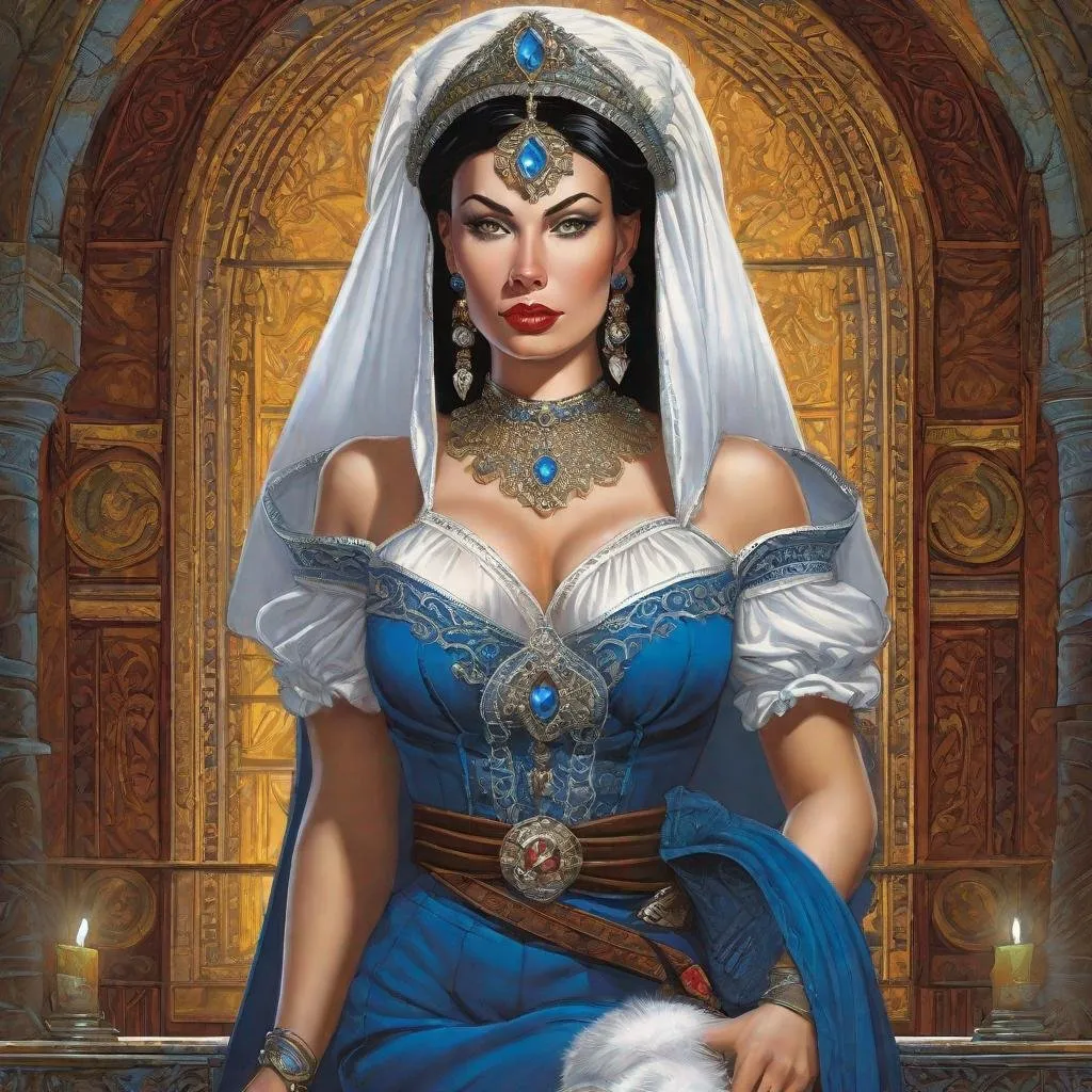 Prompt: A D&D 2e style illustration of a pale mexican female queen, thick, thigh, curvy, pale white milky skin,  snow white vibe, blue eyes, fantasy, DnD, D&D, Pathfinder, style of Vampire, by Clyde Caldwell,