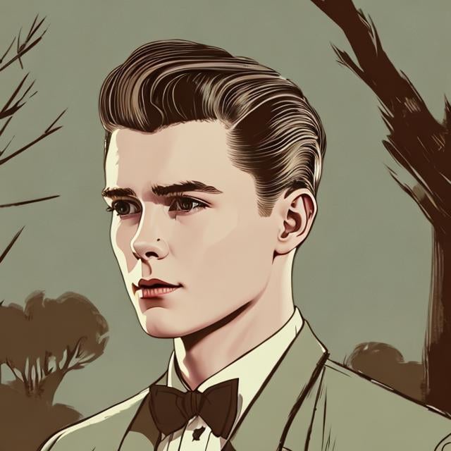 Prompt: make a vintage style art of an irish man drinking coffee in the forest, very short brown slicked back pompadour undercut with trimmed sides.