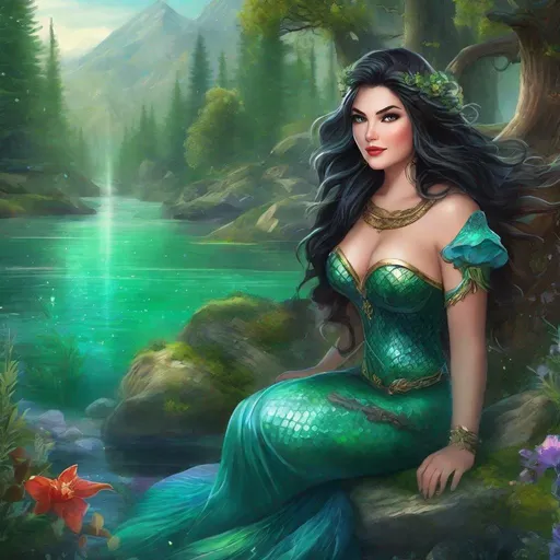 Prompt: fantasy book cover, a plump curvy thick buxom black haired mermaid princess with brown highlights in her very short messy wavy bob hair, mermaid fae, tall and willowy and pretty, soft freckles, big large green eyes, pointed ears, intricate blue and green gown, pointy ears, iron palace gray metal, landscape beautiful pine forest, fishlail, Carne Griffiths, Michael Garmash, Frank Frazetta, Castle Background, Victo Ngai, Detailed, Vibrant, Sharp Focus, Character Design, Wlop, Kuvshinov, Character Design, TXAA, 32k, Highly Detailed, Dynamic Pose, Intricate Motifs, Organic Tracery, Perfect Composition, Digital Painting, Artstation, Smooth, Sharp Focus, Illustration, hyperdetailed, greg rutkowski