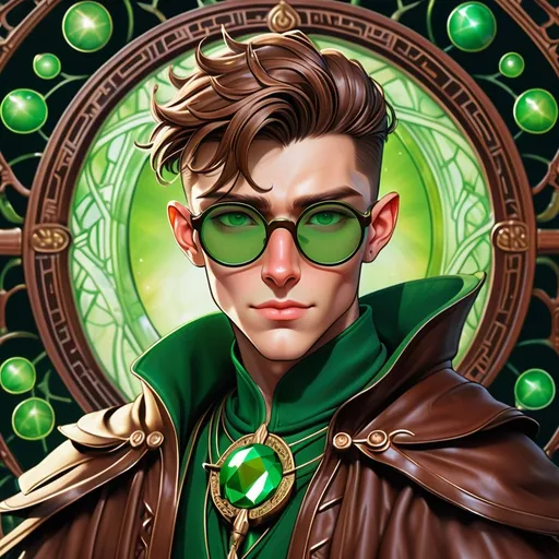 Prompt: portrait of an irish adult beautiful handsome brown haired man, very short slicked back pompadour undercut with shaved sides and chestnut wisps, wearing a sorcerer mantle and round glasses, green mirror shades with emerald lenses round face, broad cheeks, intricate, sharp focus, in the style of Ivan Bilibin, Ernst Haeckel, Daniel Merriam, watercolor and ink