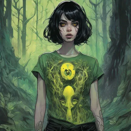 Prompt: a beautiful green skinned girl, black short hair, big yellow eyes, huge long big hooked aquiline arabian nose, green skin, black T-shirt , standing in a forest at night, fear , biomorphic , muted pastel colors palette, by  Callie Fink, SIYA OUM, GIGER, Datamoshing , Vaporware, ink wash painting, aesthetic , centered, 16k, HQ, perspective ,insanely detailed and intricate, hyper realistic, cgsociet, dynamic pose