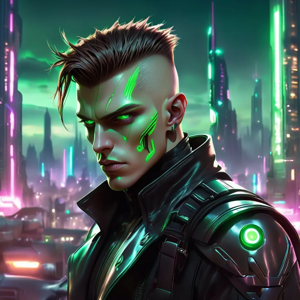 Prompt: Young man cyberpunk Sith apprentice, very short brown slicked back pompadout undercut, dynamic lighting, painted face, green glowing eyes, alien city background, high definition, futuristic, intense gaze, futuristic fashion, industrial cyberpunk style, glowing neon lights, dramatic shadows, menacing presence, textured leather, sleek metallic details, sci-fi, urban landscape, 4k ultra-detailed, cyberpunk, futuristic, dynamic pose, intense lighting, alien cityscape